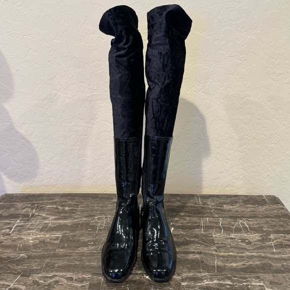 Italian Patent Leather and Velveteen Over The Knee Sock Boots - Picture 5 of 16